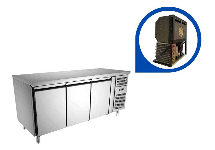 Monoblock refrigeration unit for worktop refrigertor