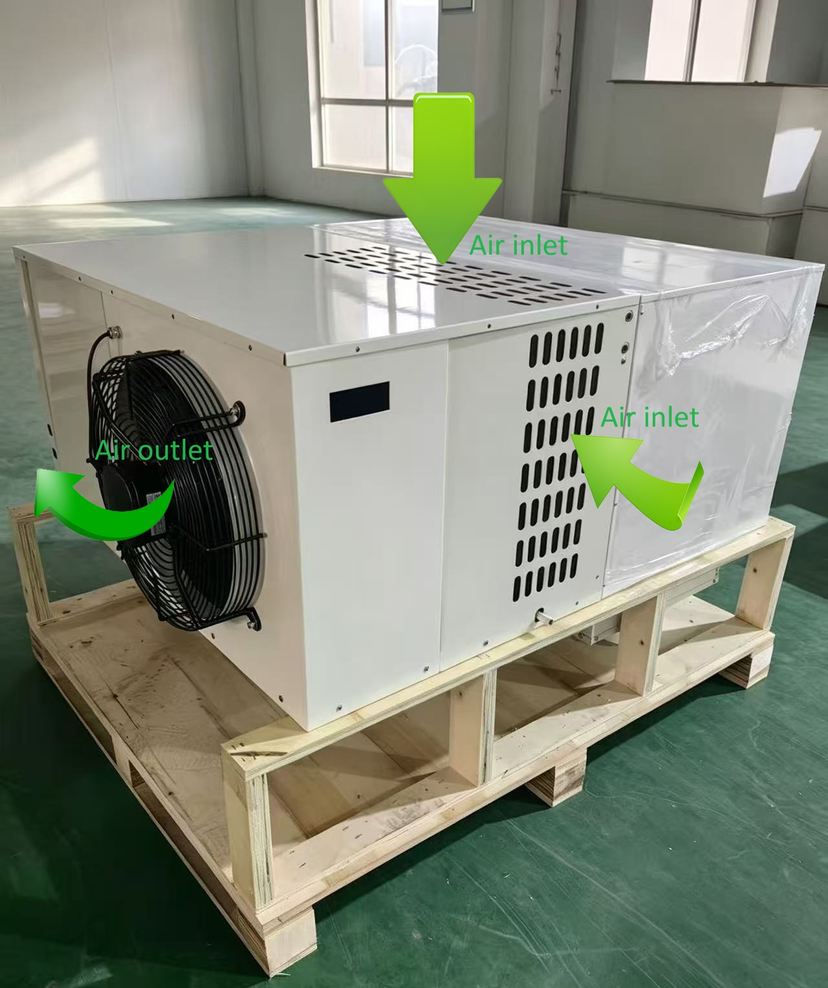 Ceiling-mounted monoblock refrigeration unit air flow and ventilation